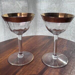 Set of 2 Vintage Tiffin Franciscan Rambler Rose Champagne Coupes, Gold Rim